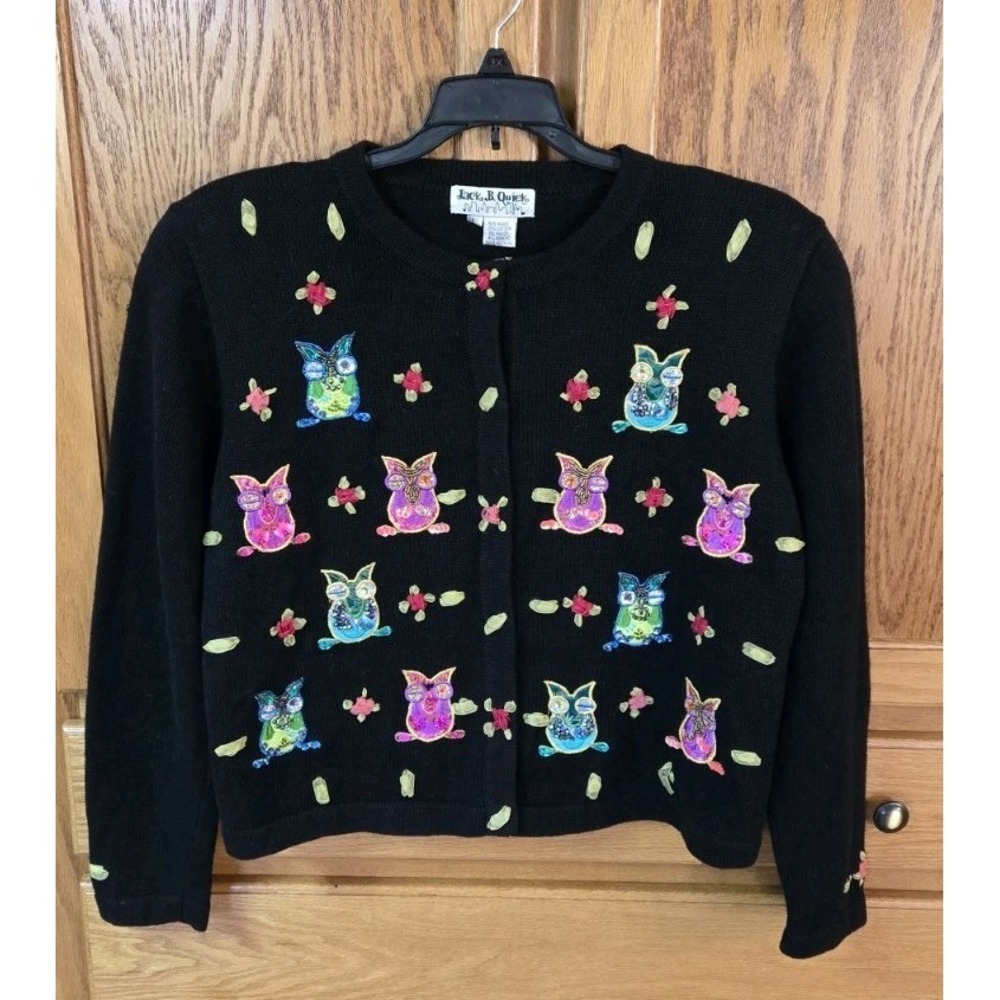 Vintage 90s Jack B Quick Black Cardigan Embroidered Beaded Owls Size L Exquisite